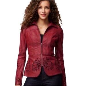White House Black Market Coated Canvas Leather Look Jacket with Cutout Design